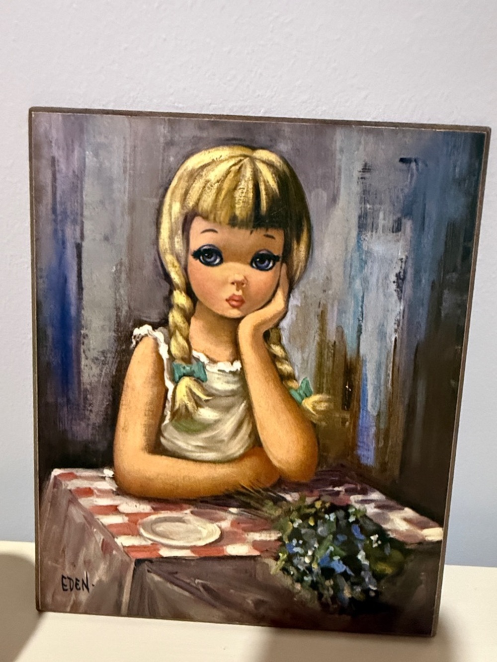 Vintage Lithograph on Board by Eden titled “Pensive. “Big Eye” 60’s style. - Picture 9 of 12